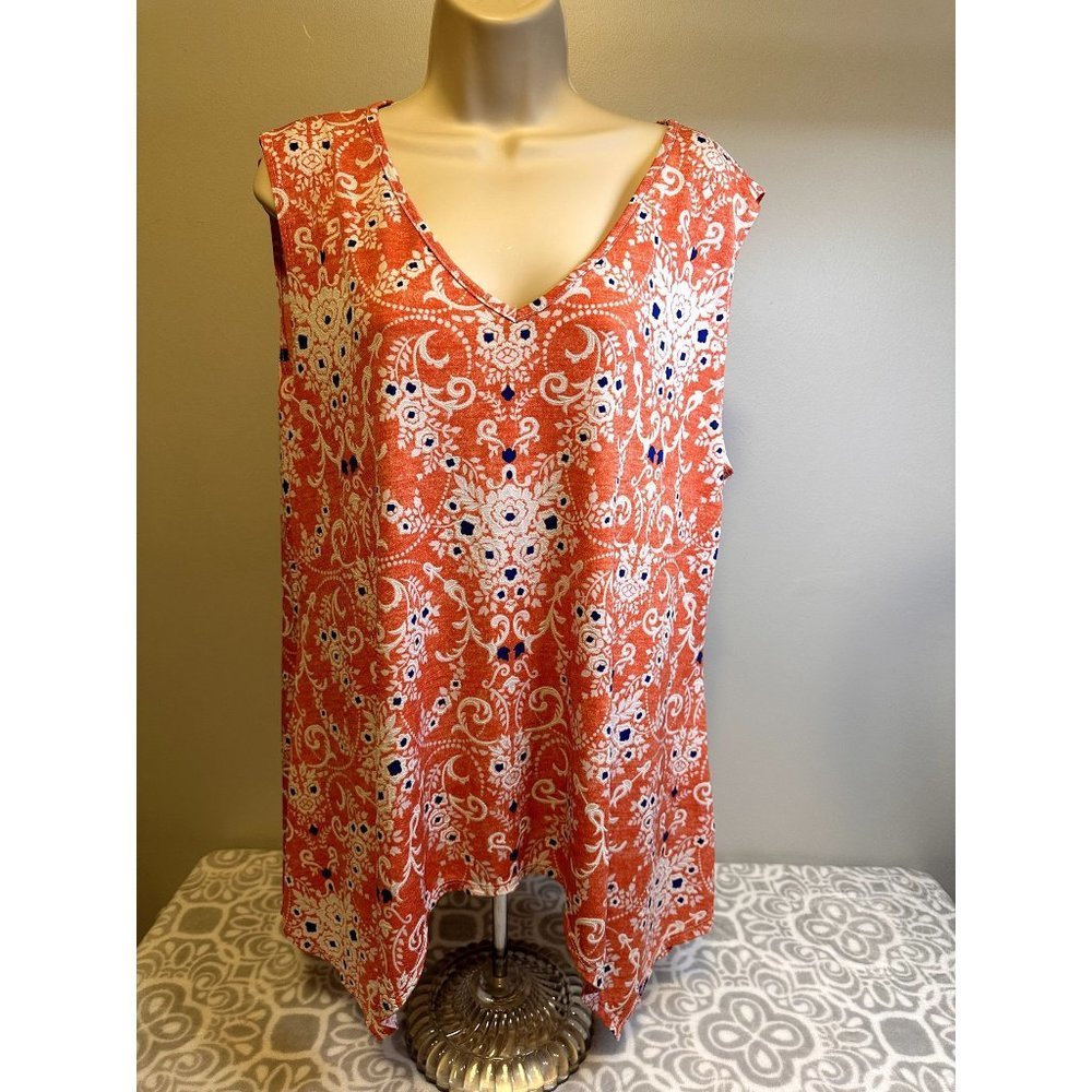 SJS Made in USA Orange/Blue Scoop Neck asymmetric hem Career Tank, size 2x